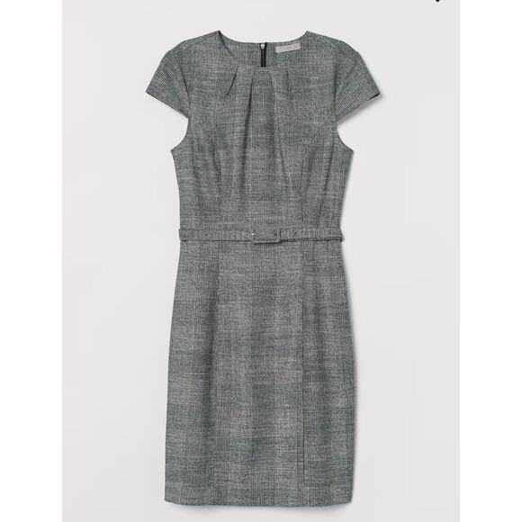 H&M Large Black White Plaid Check Sheath Dress Belted Cap Sleeve Knee Length - Picture 2 of 9